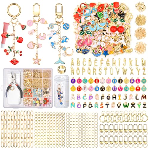656Pcs Keychain Making Kit: Gold Jewelry Making Supplies, DIY Crafts bulk | 198 Charms 30 Keychain Clips with Organizer Box, Lip Gloss Key Chain Kits, Cute Bag Charm Kit for Backpacks Accessories