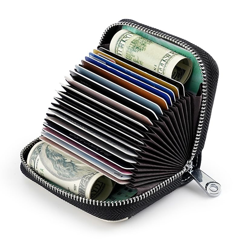 Linno RFID 20 Slots Credit Card Holder Genuine Leather Small Wallet for Women or Men with Zipper - color: New Blue