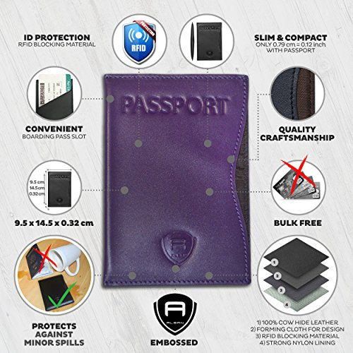 Alban RFID Passport Holder for Women & Men, Genuine Leather Passport Cover - color: Purple