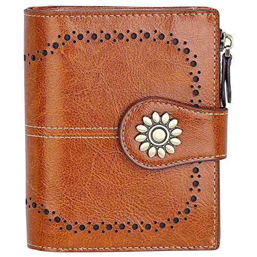 Womens Leather Wallet Small Compact RFID Blocking Credit Card Case Purse with Zipper Pocket | Small - color: Brown