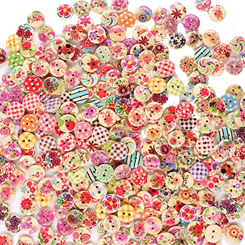Renashed 200Pcs 15mm Mixed Color Design Wooden Buttons in Bulk for Crafts Scrapbooking or Sewing and DIY Craft - size: 15mm