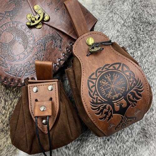 EpicCos 3 PCs Medieval Faux Leather Belt Bag Set, Renaissance Drawstring Pouch Dice Bag, Vintage Side Pack Coin Purse for LARP (Brown A) - color: Brown A