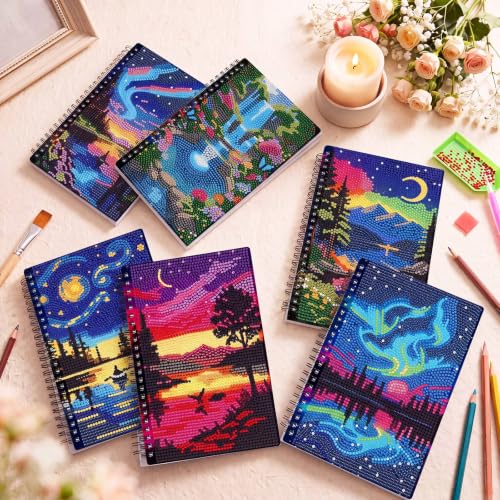 Fullhawl 6 Pack 5D DIY Diamond Art Crafts Kit for Adults Office Supplies Beginner A5 Leather Diamond Painting Gift for Women Art Cover Craft Accessories with Tool (Aurora Painting) - style: Aurora Painting