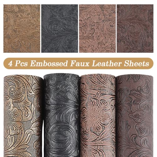 4Pcs Embossed Texture Faux Leather Sheet Fabric Geometric Bump Pattern Printed Synthetic Retro Leatherette Packaging Material for Handmade DIY Bows Wallet Sewing Earring 12.95 x 7.8 Inch