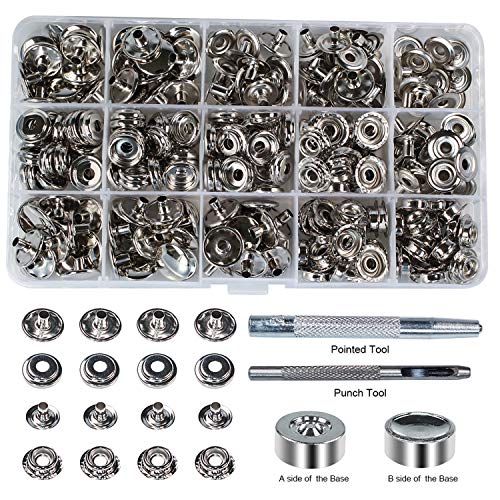 INNEOTC 100 Sets - 12mm(1/2") Metal Line 24 Gunmetal Black Plated Steel Snaps Fastener Leather Rapid Rivet Button Sewing with Seting Tool (12mm, Nickel) - color: Nickel, size: 12mm