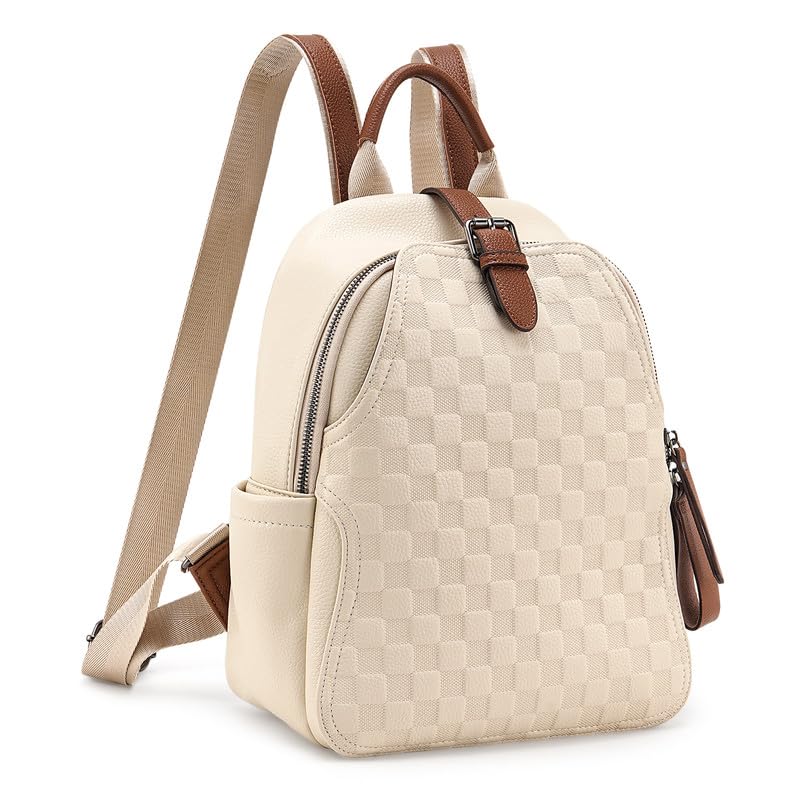 Small Backpack Purse for Women Cute PU Leather Backpack Plaid Backpack for Women Travel & Work White - color: White