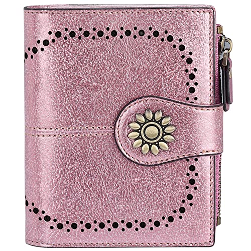 Womens Leather Wallet Small Compact RFID Blocking Credit Card Case Purse with Zipper Pocket | Small - color: Rose Gold