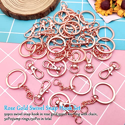150Pcs Swivel Snap Hook Set,Rose Gold Swivel Clasps Lanyard Snap Keychain Hooks Lobster Clasp Split Key Rings with Chain and Jump Rings Bulk for Keychain Lanyard,Jewelry,DIY Crafts Supplies - color: Rose Gold