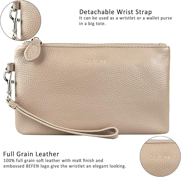 befen Genuine Leather Wristlet Clutch RFID Blocking Bag Cell Phone Purse | Cell Phone Wristlet Clutch for Women, Small Wallet Purses with RFID Blocking Card Slots - color: Light Beige