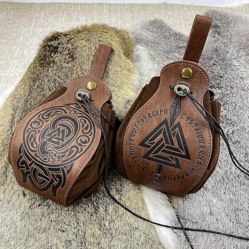 Embossed Nidhogg Valknut Leather Drawstring Belt Pouch Men Women | Portable Waist Pack,Retro Medieval Viking Knight Look,Multifunctional Bag,Ideal LARP Party Halloween Cosplay Wear,Gift,Brown - color: Nordic Nidhogg Valknut Belt Pouch- Brown