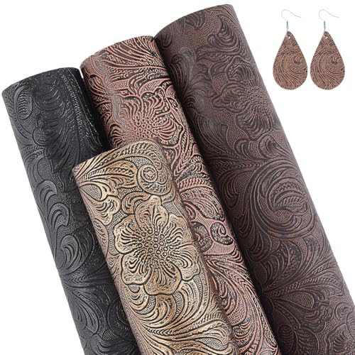 4Pcs Embossed Texture Faux Leather Sheet Fabric Geometric Bump Pattern Printed Synthetic Retro Leatherette Packaging Material for Handmade DIY Bows Wallet Sewing Earring 12.95 x 7.8 Inch
