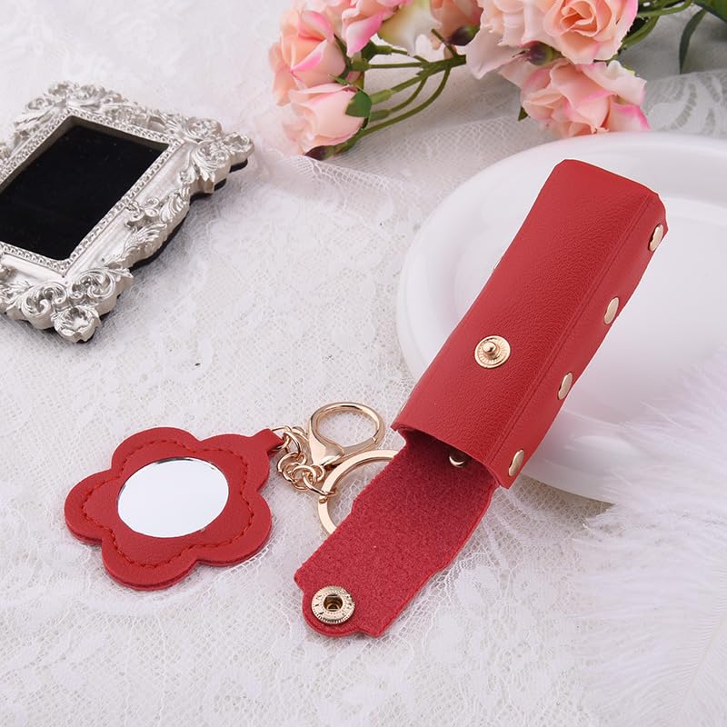 Sisadodo Lip Oil Lipstick Case with Mirror Lip Oil Lipstick Holder Key Chain for Car Keys Keychains Lipstick Organizer Case - color: Red Flower