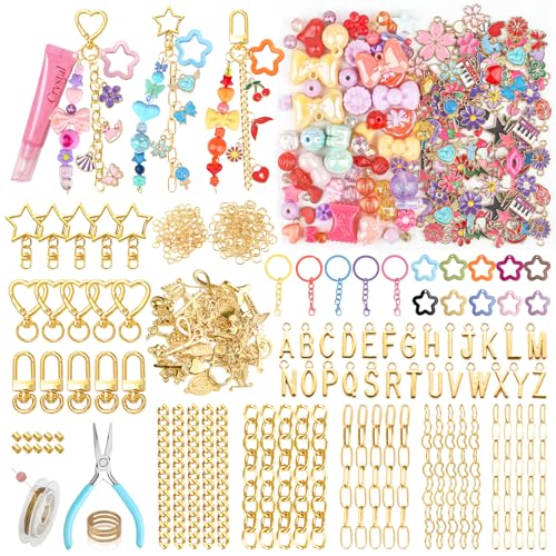 Ecoofor 364 Pcs Keychain Making Kit for Kids & Adults – Includes 20 Keychain Clips, 25 Extender Chains, 136 Charms, Beading Accessories, Jewelry Pliers – DIY Bag Charms & Jewelry Craft Kit Supplies - color: Gold-364Pcs Kit