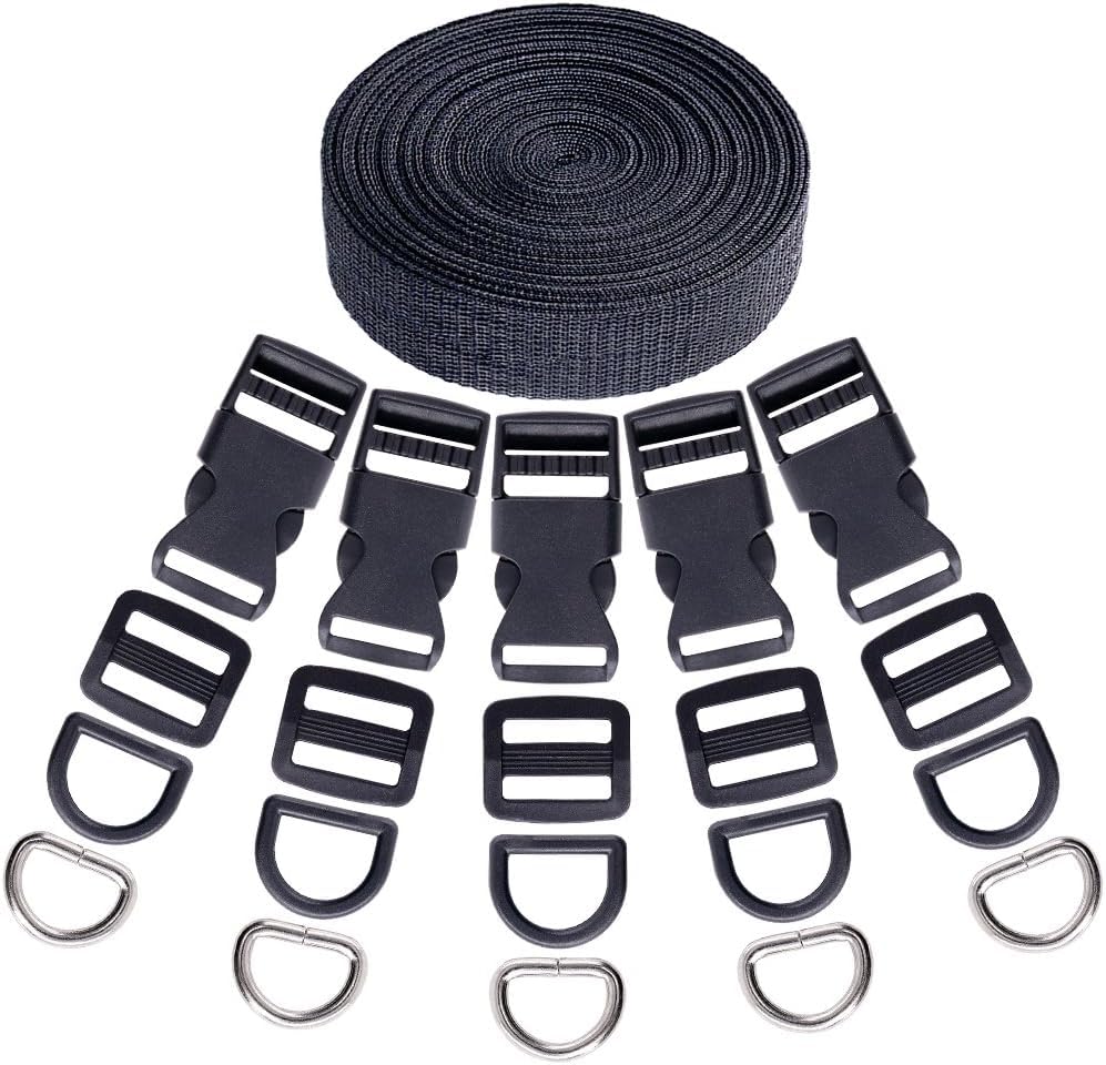 Swpeet 41Pcs 3/5 Inch DIY Making Bag Kit, Including Flat Side Release Buckles and Tri-glide Slides and D Rings with 1 Roll 5 Yards Nylon Webbing Straps for DIY Making Luggage Strap, Pet Collar - size: 15mm