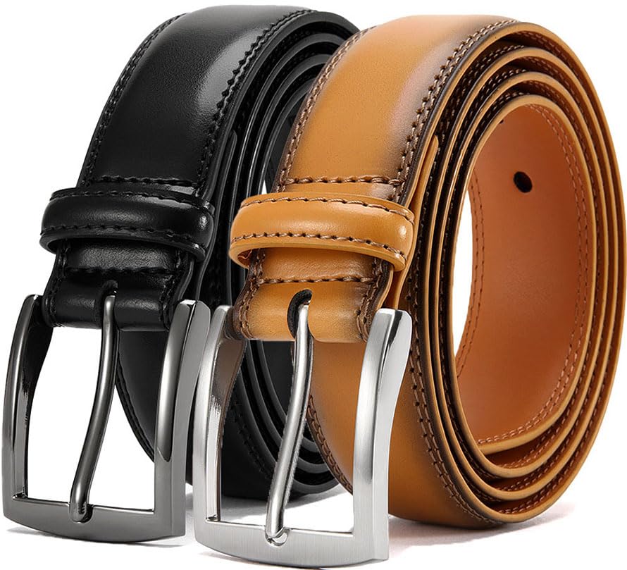 Men's Genuine Leather Dress Belts, 2 Pack, 1.32" Wide, | 100% genuine cowhide leather, handcrafted with classic prong buckles for business, casual, office, suit, jeans and daily wear - color: 02 Black Belt/Yellow Belt, size: Fits 30" to 34" waist