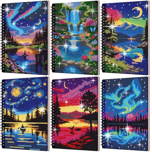 Fullhawl 6 Pack 5D DIY Diamond Art Crafts Kit for Adults Office Supplies Beginner A5 Leather Diamond Painting Gift for Women Art Cover Craft Accessories with Tool (Aurora Painting) - style: Aurora Painting