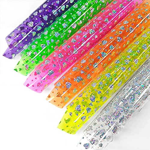 6 Pcs/Set 8.3"x11.8" Candy Color Jelly Vinyl Sheets, Fluorescent Neon Heart Pattern Clear PVC Faux Leather for Hair Bows Pouches Making, Laser Pattern - color: Laser