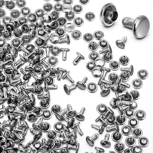 200Sets 6mm Round Cap Leather Rivets, Round Cap Tubular Metal Studs, Double Leather Crafting Rivets for Purse Keyrings Pet Collar Bag Repair and Decoration, Silver
