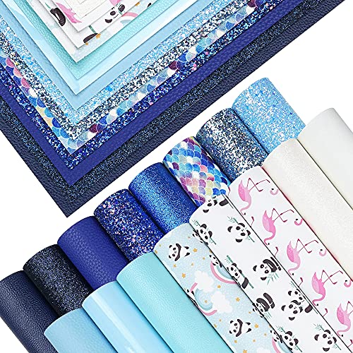 16 Piece 8x6 Inch Contrast Color White Blue Royal Blue Series Faux Leather Fabric Sheets Include Litchi Fine Chunky Glitter Patent Mermaid Scale Panda Flamingo Pattern for Leather Earring Bows Making - color: White Blue Royal Blue Series