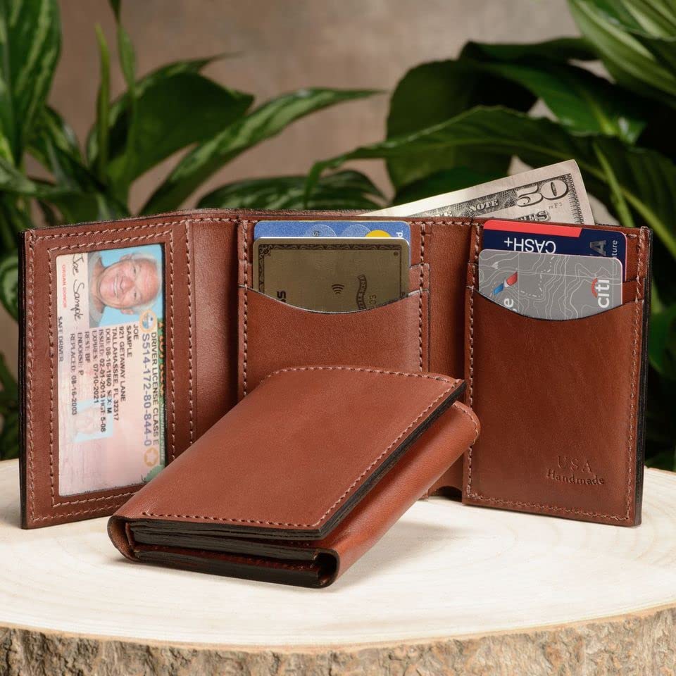 Bullhide Belts Full Grain Bridle Leather Trifold Wallet Medium Brown | ID window, Made in USA - color: Medium Brown