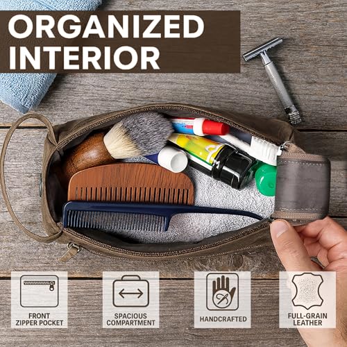 Rustic Town Leather Wash Bag for Men - Travel Toiletry Bag - Shaving Dopp Kit Toiletries Organizer - Leather Makeup Bag for Women | Main Compartment, Interior & Exterior Zip Pockets, YKK Zippers, Waterproof Lining; TSA Carry-On; Gifts for Him, Brown - col