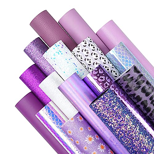 16 Pieces 8x6 Inch New Contrast Colors White Purple Light Purple Series Faux Leather Fabric Sheets Include Litchi Daisy Fine Chunky Glitter Butterfly Panda Leopard for Leather Earring Bows Making - color: White Purple Light Purple Series