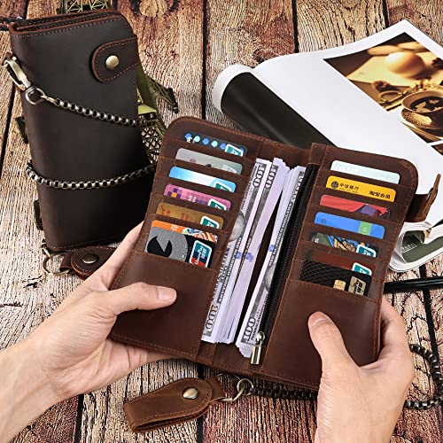Vintage Crazy Horse Leather Wallet for Men with Detachable Chain, RFID Blocking Biker Long Wallet Holds Phone, Cash & 14+ Cards, Brown Motorcycle Rfid Wallet - color: Brown