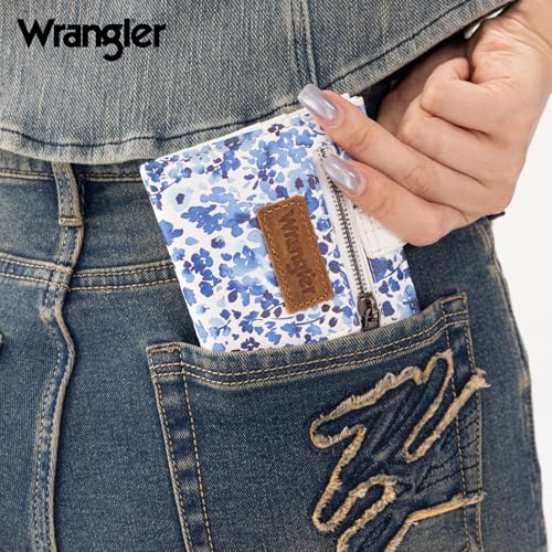Montana West X Wrangler Small Women's Wallet Slim Simple Girls Wallet RFID Credit Card Holder Minimalist Zipper Coin Pocket - color: Indigo Watercolor Petal