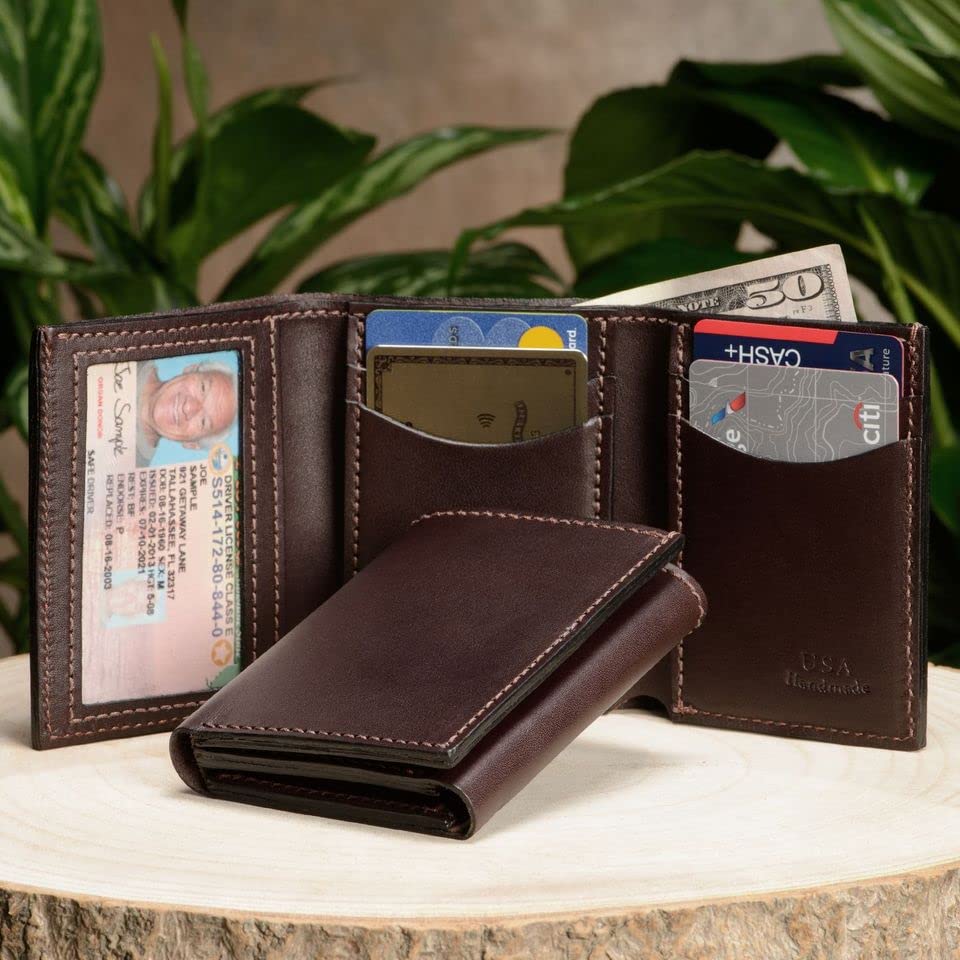 Bullhide Belts Full Grain Bridle Leather Trifold Wallet Brown | ID window, 4 card slots, Made in USA - color: Brown