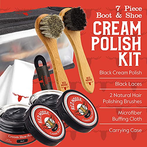 Shoe Cleaning Kit for Leather Shoes – Black Shoe Polish Kit with Cream, Brushes, Cloth, and Travel Case – USA Made - color: 8pc Kit Black