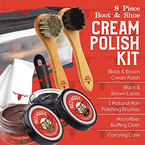 Shoe Cleaning Kit for Leather Shoes – Black Shoe Polish Kit with Cream, Brushes, Cloth, and Travel Case – USA Made - color: 8pc Kit Black & Brown