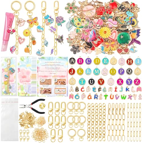Ecoofor 397 Pcs Keychain Making Kit for Kids & Adults — Includes 16 Keychain Clips, 15 Extender Chains, 107 Charms, Beading Accessories, Jewelry Pliers — DIY Bag Charms & Jewelry Craft Kit Supplies - color: Gold-397Pcs Kit