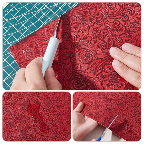1 Yard 55" Bump Texture Vintage Floral Leather Sheet Embossed Faux Leather Fabric Dark Red Phoenix Pattern Embossed Fabric for DIY Furniture Seat Handmade Earrings Making Crafts - color: Red