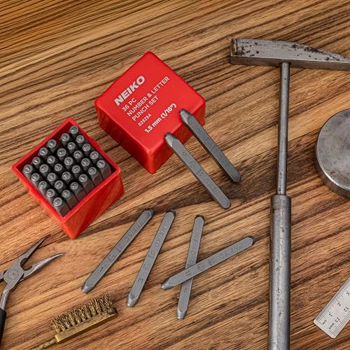 NEIKO 02629A Number and Letter Punch Set with Heat-Treated Steel Punches, Imprinting & Arts and Crafts, 1/16" (1.5MM) Shaft, 36 Pc Stamp Set, Uppercase Letter & Number Punch Set (A-Z / 0-8 / "&") - size: 1.5mm - 1/16"