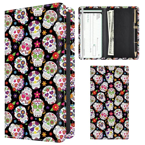 Checkbook Cover for Personal Checkbook, Cute PU Leather Check Book for Women & Men, Slim Checkbook Holder with Pen Holder and Built-in Clear Plastic Divider Sugar Floral Skull - color: Sugar Floral Skull