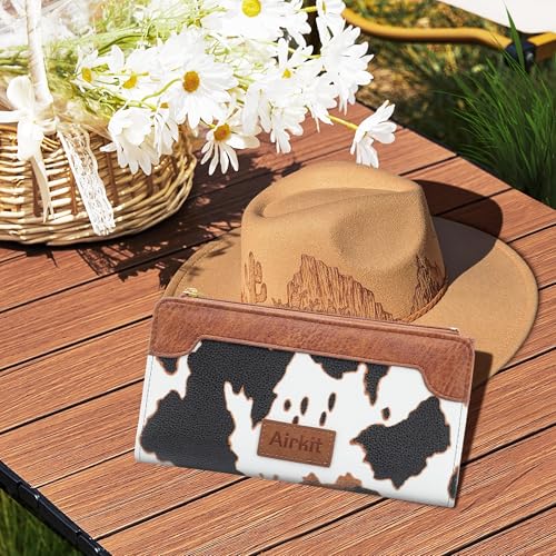 Airkit Cow Print Wallets for Women Bifold Credit Card Holder, Rfid Blocking, ID Window, Western Slim Wallet with Zipper Coin Pocket for Ladies, Cow Brown - color: Cow Brown