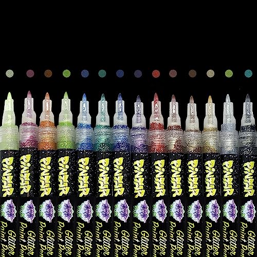 PINTAR Glitter Acrylic Paint Pens, 14 Pack Extra Fine 0.7mm Tip — Sparkle Multi‑Surface Paint Markers for Rock Painting, Glass, Ceramic, Wood, Leather, Fabric, Paper - style: Glitter (Pack of 14)
