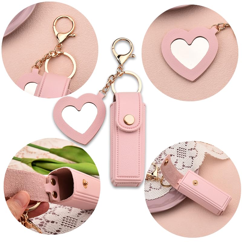 Sisadodo Lip Oil Lipstick Case with Mirror Lip Oil Lipstick Holder Key Chain for Car Keys Keychains Lipstick Organizer Case - color: Pink