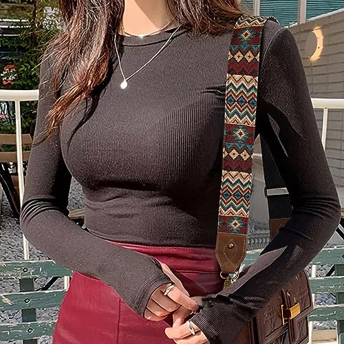 Nefelibata Purse Strap-2" Crazy Horse Leather Wide Shoulder Strap Adjustable Replacement,Retro Jacquard Embroidery Multi-pattern Crossbody Bag Straps for Handbag,Crossbody Bags(Ethnic style brown) - color: Ethnic Style Dark Brown