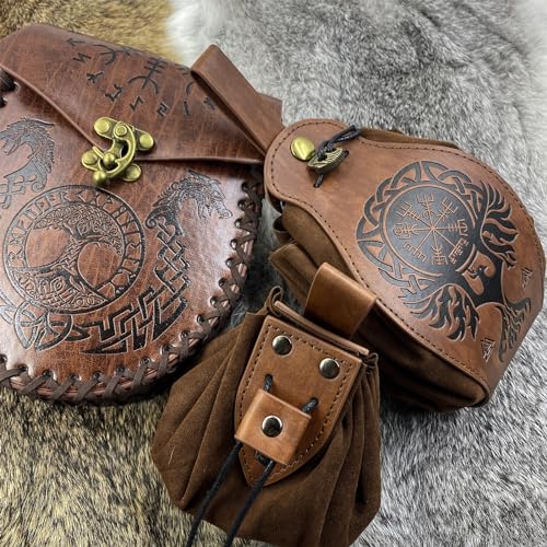 EpicCos 3 PCs Medieval Faux Leather Belt Bag Set, Renaissance Drawstring Pouch Dice Bag, Vintage Side Pack Coin Purse for LARP (Brown A) - color: Brown A