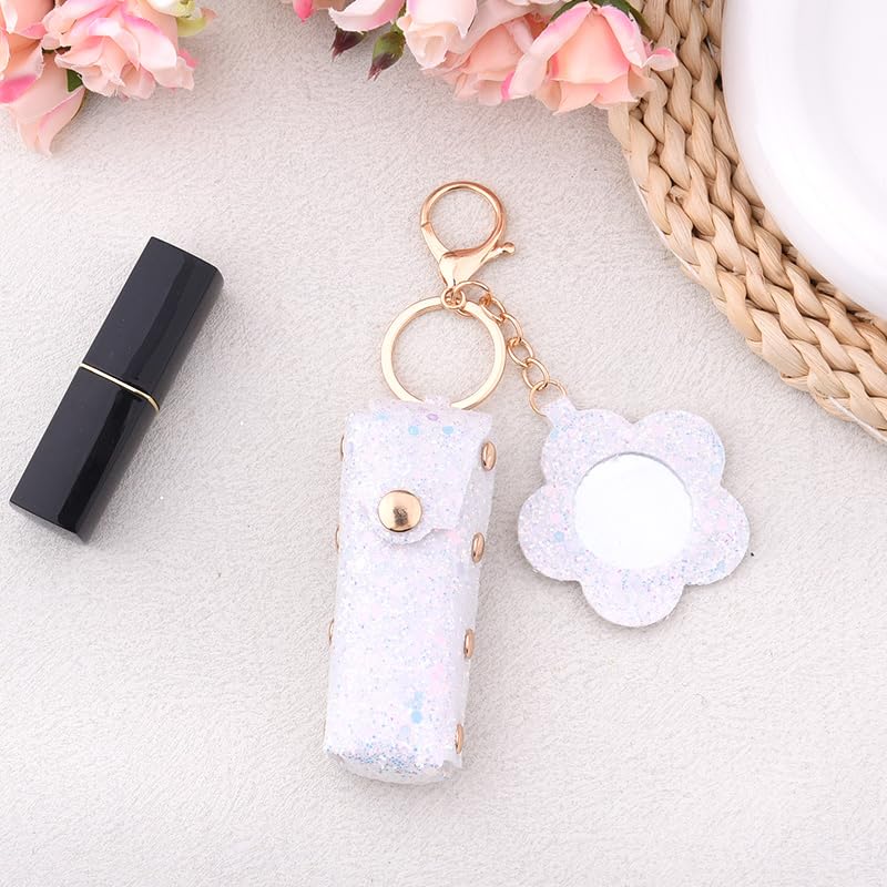 Sisadodo Glitter Lip Oil Holder Key Chains for Woman Lipstick Case with Mirror Lip Balm Keychain for Lipstick Case Keychain - color: White-flower
