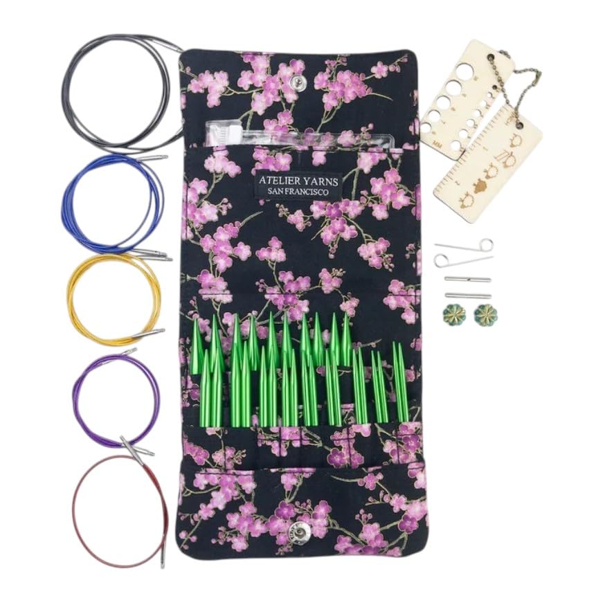 Atelier Interchangeable Knitting Needles Set – Circular Knitting Needles with Stainless Steel Knitting Needles Tips, 14 Sizes US 2.5–15, Flexible Cables, Complete Knitting Kit (Green) - color: Green