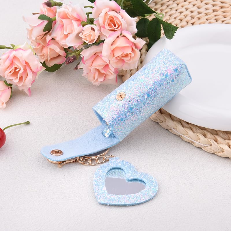 Sisadodo Glitter Lip Oil Holder Key Chains for Woman Lipstick Case with Mirror Lip Balm Keychain for Lipstick Case Keychain - color: Blue-heart