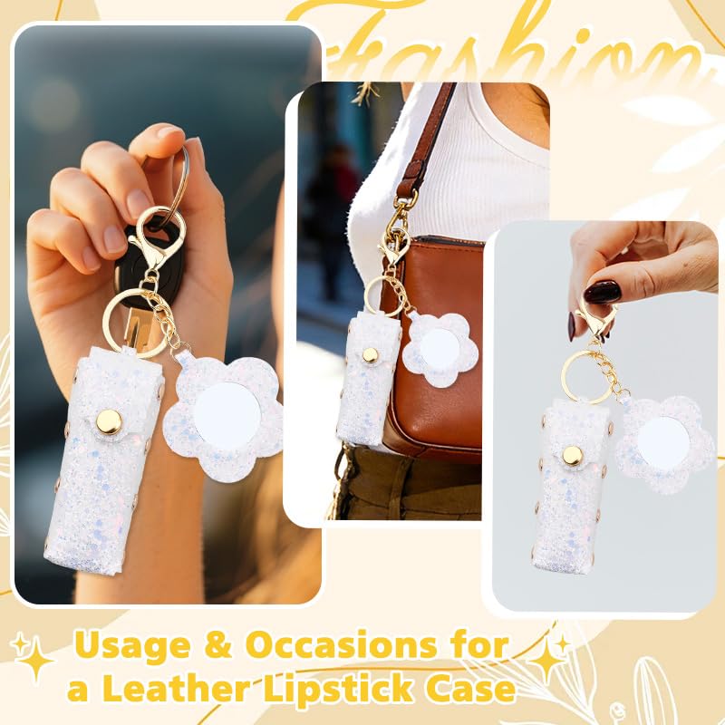 Sisadodo Glitter Lip Oil Holder Key Chains for Woman Lipstick Case with Mirror Lip Balm Keychain for Lipstick Case Keychain - color: White-flower