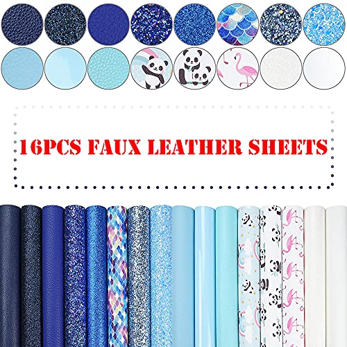 16 Piece 8x6 Inch Contrast Color White Blue Royal Blue Series Faux Leather Fabric Sheets Include Litchi Fine Chunky Glitter Patent Mermaid Scale Panda Flamingo Pattern for Leather Earring Bows Making - color: White Blue Royal Blue Series