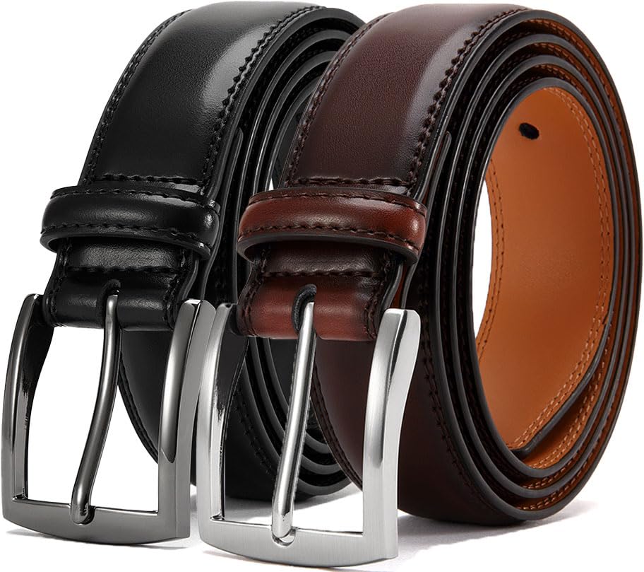 Men's Genuine Leather Dress Belts, 2 Pack, 1.32" Wide, | 100% genuine cowhide leather, handcrafted with classic prong buckles for business, casual, office, suit, jeans and daily wear - color: 05 Black Belt/Curry Belt, size: Fits 30" to 34" waist
