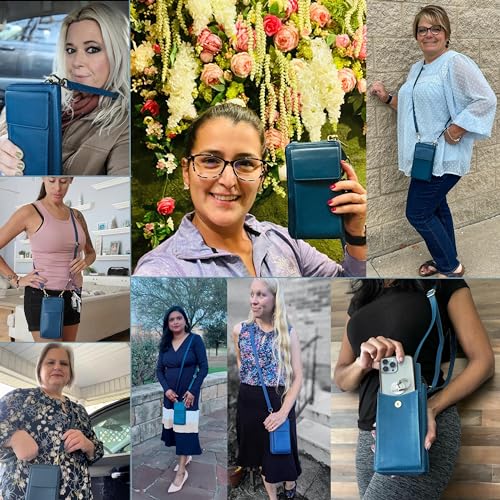 BULL GUARD Crossbody Bag for Women, Leather Phone Wallet Purse with Adjustable Anti Theft Strap & RFID Blocking 12 Card Slots - color: Celestial Blue Moon Chai - Small
