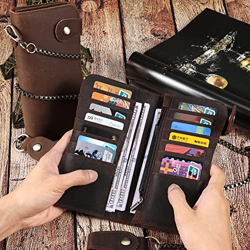 Vintage Brown Crazy Horse Leather Wallet for Men with Detachable Chain, RFID Blocking Biker Long Wallet Holds Phone, Cash & 14+ Cards, Retro Motorcycle Rfid Wallet - color: Coffee