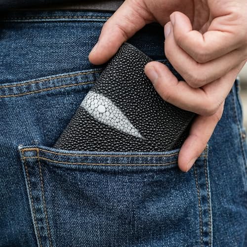 Yoder Leather Company Genuine Stingray Skin Trifold Leather Wallet for Men, Nine Card Slots (Black) - color: Black
