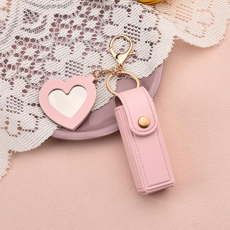 Sisadodo Lip Oil Lipstick Case with Mirror Lip Oil Lipstick Holder Key Chain for Car Keys Keychains Lipstick Organizer Case - color: Pink